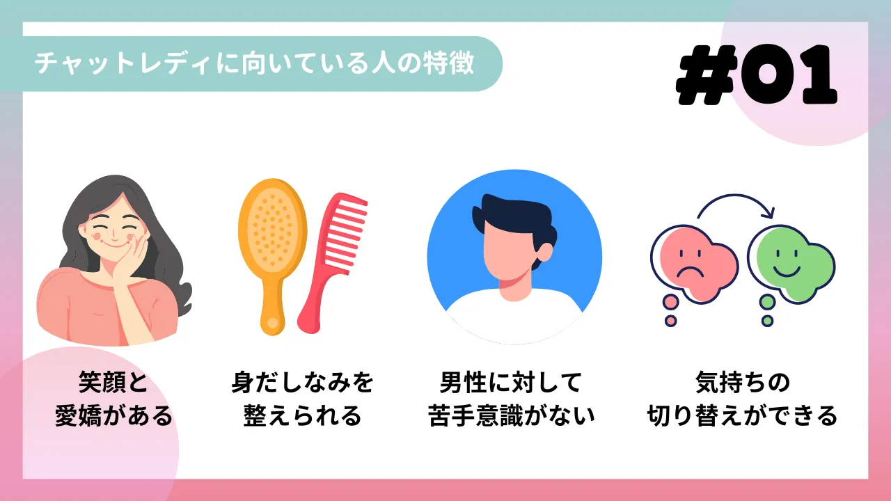 チャットレディに向いている人の特徴
・笑顔と愛嬌がある
・身だしなみを整えられる
・男性に対して苦手意識がない
・気持ちの切り替えができる